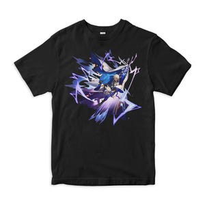 May include: Black t-shirt with a graphic print of two characters in a dynamic pose, surrounded by purple and blue energy effects.