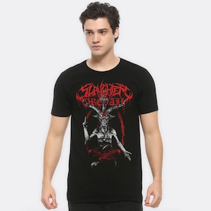 May include: Black t-shirt with a red graphic of a goat with horns and a pentagram. The text "SLAUGHTER OF THE SOUL" is above the goat.