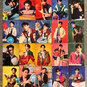 May include: A collection of twenty trading cards featuring various individuals in diverse poses and outfits. The cards showcase a range of backgrounds, including solid colors and patterned designs. The subjects are dressed in casual and sporty attire, with some holding props like sports equipment.