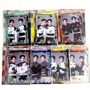 May include: A collection of seven rectangular trading cards featuring pairs of individuals in racing-style uniforms. Each card displays names like PONDPHUWIN, JUNIORMARK, FIRSTKHAOTUNG, WILLIAMEST, JIMMYSEA, JOONGDUNK, and FORCEBOOK with checkered border designs.