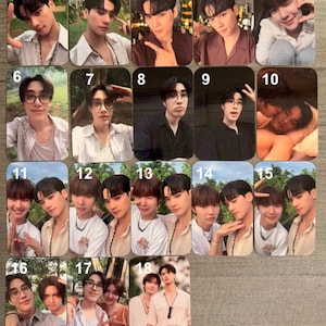 Op de afbeelding: Een verzameling van achttien rechthoekige fotokaarten met verschillende jonge mannen. De kaarten tonen individuele portretten en groepsfoto's, met diverse poses en uitdrukkingen. Het kleurenpalet is natuurlijk, met een focus op huidtinten en kleding.