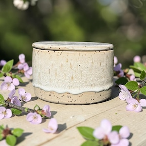 Könnte beinhalten: Ein Keramiktopf mit Deckel, mit einer gesprenkelten beige-weißen Glasur. Der Topf hat eine abgerundete Form und einen kontrastierenden gesprenkelten Boden. Rosa Blüten und grüne Blätter umgeben den Topf.