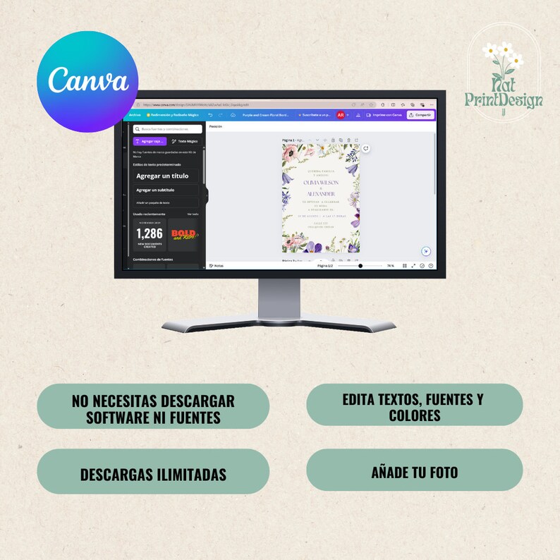 May include: A computer screen displaying a Canva design template for a wedding invitation. The template features a floral design with purple and pink flowers. The text on the screen reads "Olivia & Wilson" and "September 1, 2023". The screen is surrounded by four buttons with text that reads "No necesitas descargar software ni fuentes", "Descargas ilimitadas", "Edita textos, fuentes y colores", and "A&ntilde;ade tu foto".