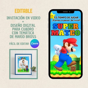 Puede incluir: Plantilla de invitación digital editable con un personaje de Super Mario de dibujos animados saltando sobre un bloque de ladrillos. El texto "ES TIEMPO DE JUGAR ¡Vamos a pasar de nivel!" se muestra encima del personaje. El texto "SUPER MATEO" se muestra debajo del personaje. La plantilla está diseñada para una invitación de video con temática de Mario Bros.