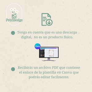May include: A digital download of a Canva template for a wedding invitation. The template features a floral design with a white background and a green border. The text on the image reads "Tenga en cuenta que es una descarga digital, no es un producto f&iacute;sico." and "Recibir&aacute;s un archivo PDF que contiene el enlace de la plantilla en Canva que podr&aacute;s editar facilmente."