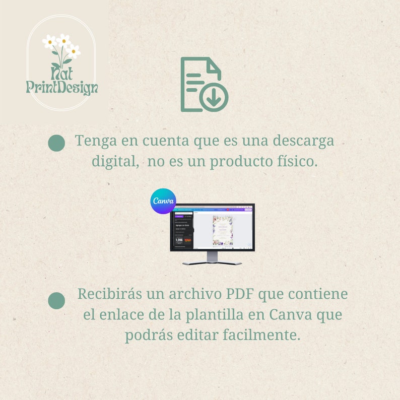 May include: A digital download of a Canva template for a wedding invitation. The template features a floral design with a white background and a green border. The text on the image reads "Tenga en cuenta que es una descarga digital, no es un producto f&iacute;sico." and "Recibir&aacute;s un archivo PDF que contiene el enlace de la plantilla en Canva que podr&aacute;s editar facilmente."