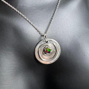 Bespoke Handmade Recycled Sterling Silver Charm with Spiral Detail and Ethiopian Opal Embellishment Stacking Necklace - Custom Silver Gifts