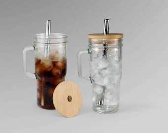 2-Pack Glass Tumblers with Handle: 24oz Iced Coffee Cups, Bamboo Lid & Stainless Steel Straw
