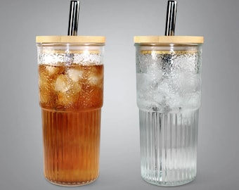 2 Pack Ribbed Glass Tumbler with Bamboo Lid & Straw - 20oz Iced Coffee Cup