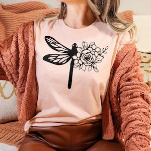Dragonfly Shirt, Womens Graphic Tee, Nature Lover Shirt, Floral Dragonfly Shirt, Botanical Shirt, Womens Dragonfly Floral Tshirt