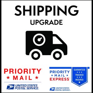 May include: A black and white graphic with the words "SHIPPING UPGRADE" at the top. Below is a black truck icon with a clock on the side. The image also includes "PRIORITY MAIL" and "PRIORITY MAIL EXPRESS" logos, and a blue banner that says "GUARANTEED TRACKED INSURED".