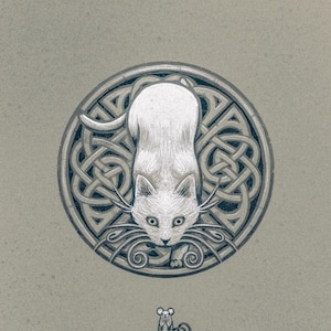 White Cat Pangur Ban Celtic Knotwork Animal Art Print