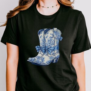 Blue Toile Cowboy Boots Shirt, Western Bow Boot Tee, Vintage Cowgirl Aesthetic Shirt, Feminine Western Fashion, Southern Charm Gift for Her