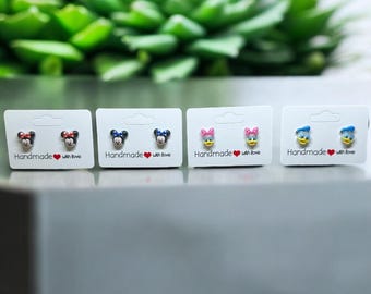 ディズニー風イヤリング、ディズニーテーマイヤリング、ミニーマウス、ミニーマウスイヤリング、デイジーダック、ドナルドダック