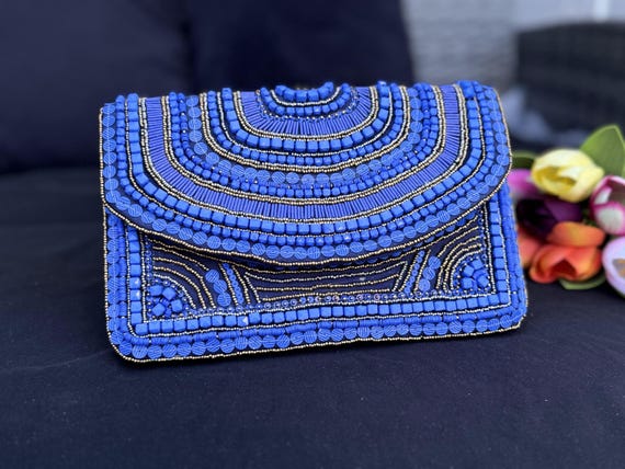 Stunning Blue Beaded Clutch Bag Handcrafted to Perfection Party Bag With String Made With Love Care to Impress Any Woman Etsy Canada