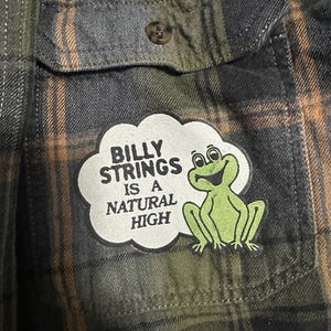 May include: Green, black, and orange plaid flannel shirt with a pocket. A patch on the pocket reads "BILLY STRINGS IS A NATURAL HIGH" with a green frog illustration. The shirt has a button closure.