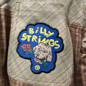 May include: Close-up of a plaid shirt with a patch. The patch is blue with yellow text that reads "BILLY STRINGS" and features a dog holding flowers. The shirt has a pocket and is in shades of brown, green, and tan.