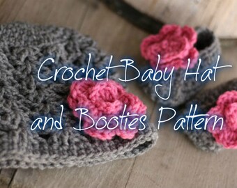 Crochet Pattern Baby hat with flower and fold over booties