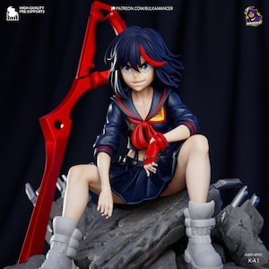 May include: A detailed figurine of a character with dark blue hair and red accents, wearing a navy blue sailor uniform with a red bow. The figure is seated on a rocky base, holding a large red scissor-shaped weapon. The words "HIGH-QUALITY PRE-SUPPORTS" are visible.