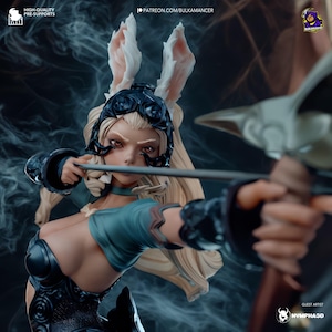 May include: A female figure with long blonde hair and bunny ears is holding a bow and arrow. She is wearing a black and blue outfit with a white shirt. The background is dark and smoky.