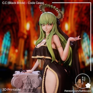 May include: A 3D-printed figurine of C.C. from Code Geass, in a black dress with gold trim and a halo-like headpiece. The figure has green hair and is posed with one hand extended. The text "C.C. (Black Bride) - Code Geass" is visible.