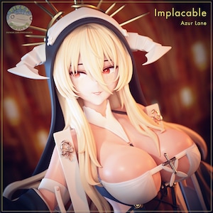 May include: A detailed figurine of a female character with long blonde hair, red eyes, and a white and black outfit. The figure has a stern expression and is adorned with horns and a halo. The text "Implacable" and "Azur Lane" are visible.