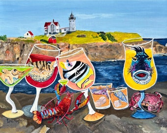 Original Acrylic, Funky Fish, Happy Art, Acrylic Painting, Nubble Light, New England, Cape Neddick Maine, Lobster Art, Squid, Jonah Crab