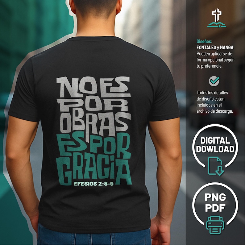 Puede incluir: Camiseta negra con el texto "NO ES POR OBRAS ES POR GRACIA EFESIOS 2:8-9" en blanco y turquesa. El diseño incluye texto e iconos adicionales, lo que sugiere una descarga digital del diseño.