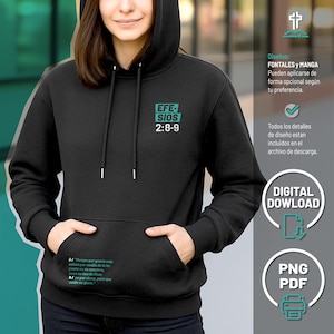 Może przedstawiać: Czarna bluza z kapturem z przednią kieszenią i kapturem ze sznurkiem. Bluza z kapturem ma napis "EFE-SIOS 2:8-9" w turkusowym polu na piersi. Dodatkowy tekst jest widoczny po lewej stronie bluzy. Dostępne do pobrania cyfrowego.