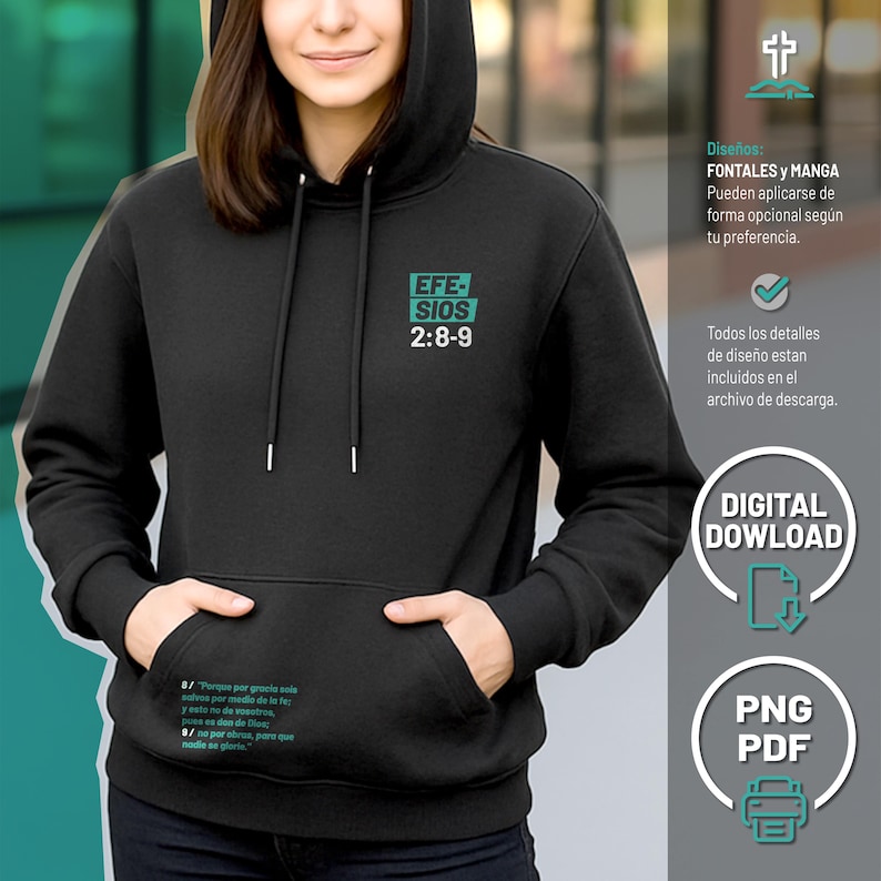 Może przedstawiać: Czarna bluza z kapturem z przednią kieszenią i kapturem ze sznurkiem. Bluza z kapturem ma napis "EFE-SIOS 2:8-9" w turkusowym polu na piersi. Dodatkowy tekst jest widoczny po lewej stronie bluzy. Dostępne do pobrania cyfrowego.