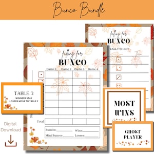 Bunco Fall Theme Game Bundle, Bunco para impressão, jogos de Ação de Graças, noite de jogos em família, cartões de pontuação, folhas de contagem, cartões de mesa, categoria de prêmios
