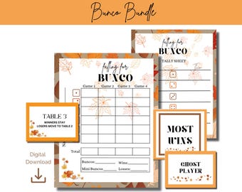 Könnte beinhalten: Ein druckbares Bunco-Spielset mit Herbstthema. Das Set enthält ein Zählblatt, eine Punktekarte und Karten für "Die meisten Siege" und "Geister-Spieler". Das Design zeigt ein Herbstlaubmuster in Orange, Braun und Gelb.
