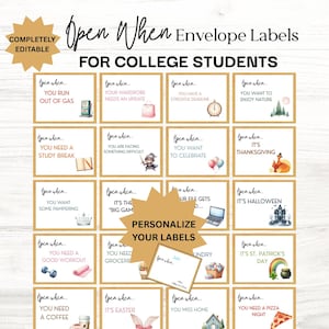 Editable Open When Envelope Labels for College Students, College Student Care Package Labels, Open When Cards, Graduation gift for Seniors