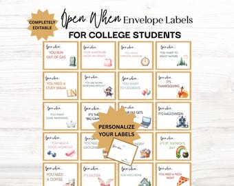 Editable Open When Envelope Labels for College Students, College Student Care Package Labels, Open When Cards, Graduation gift for Seniors