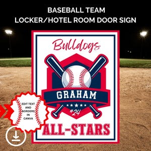 Plantilla de letrero de casillero de béisbol, decoraciones de casillero de béisbol, decoración de puerta de hotel de béisbol para viajes, póster de jugador de béisbol editable, mamá de béisbol