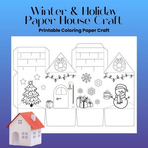 Winter & Holiday PaperHouse Craft, Printable Paper House, 3D Paper ouse Craft for Kids, Printable Paper House Template, Coloring Page Craft