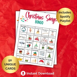 Bingo con canciones navideñas, 50 tarjetas de bingo con canciones navideñas para imprimir, bingo con música navideña, bingo navideño, juego de fiesta navideña, bingo festivo