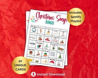 Christmas Song Bingo, 50 Printable Christmas Song Bingo Cards, Christmas Music Bingo, Christmas Bingo, Christmas Party Game, Holiday Bingo