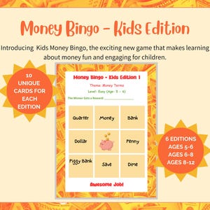 Bingo de dinero y finanzas para niños, juego de aprendizaje de alfabetización financiera, actividad educativa sobre administración del dinero, recurso para docentes, de 5 a 12 años