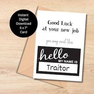 Carte Bonne chance dans votre nouveau travail, collègue drôle qui part, carte traître, cadeau d'adieu amusant, collègue partant pour un nouvel emploi, cadeau de départ du patron, bricolage