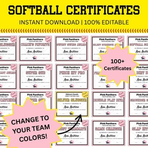 Puede incluir: Una colección de certificados de softbol editables con títulos como "Silver Slugger" y "Coach's Favorite". Los certificados tienen un esquema de color rosa y amarillo, con el texto "Softball Certificates" en la parte superior. La imagen también incluye el texto "Instant Download | 100% Editable."