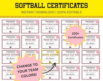 Personalized Softball Award Templates, Softball Certificate Printable Awards, End of Season Awards, Sports Certificates, Youth Sports Awards