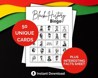 Black History Month Bingo, 50 Unique Cards, Black History Month Group Games, Notable Black American Interesting Facts, School Activity, DIY