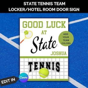 Plantilla de letrero de casillero del equipo de tenis estatal, decoraciones de casilleros de tenis, decoración de puerta de hotel de tenis de viaje, letrero de campeonatos de tenis editable, Canva