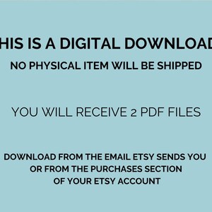 Puede incluir: Texto negro sobre fondo azul claro: "THIS IS A DIGITAL DOWNLOAD. NO PHYSICAL ITEM WILL BE SHIPPED. YOU WILL RECEIVE 2 PDF FILES. DOWNLOAD FROM THE EMAIL ETSY SENDS YOU OR FROM THE PURCHASES SECTION OF YOUR ETSY ACCOUNT."