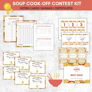Op de afbeelding: Een set voor een soepkookwedstrijd, met stemkaarten, bewegwijzering en certificaten. Inclusief inschrijfformulieren, scorekaarten, smaaktestscorekaarten en prijzen voor de eerste, tweede en derde plaats, plus de keuze van de jury.