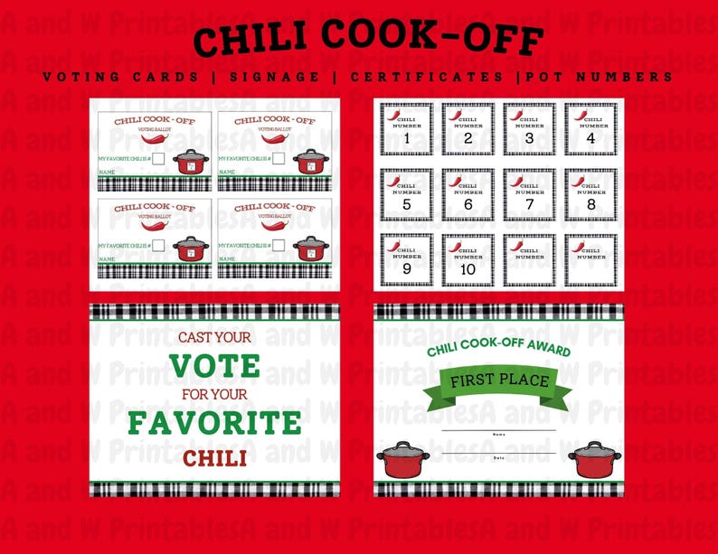 Chili Cook off Ballot, Pot Number Cards, Signage and Award Certificates