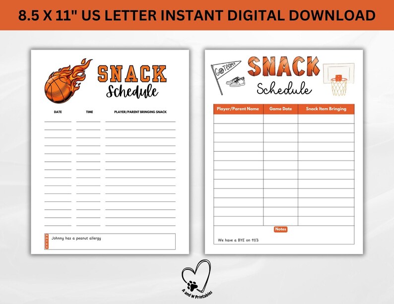 Printable Basketball Snack Schedule Sign up Sheet, Treat Schedule, Kids ...