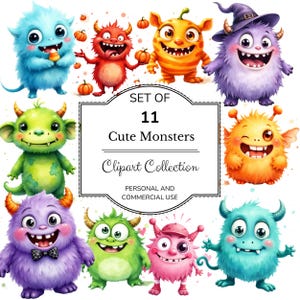 Conjunto de clipart de monstros fofos, decoração de porta-malas ou guloseimas, monstros PNG, clipart de monstros divertidos, monstros felizes, uso pessoal, uso comercial,