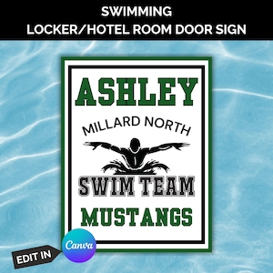 SWIMMING Locker Sign Template, Swimming Locker Decorations, Hotel Door Decor, Swimming Team Signs Editable, Canva, Swimming Team Spirit Sign